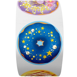 Close-up of decorative donut stickers with starry night and floral patterns
