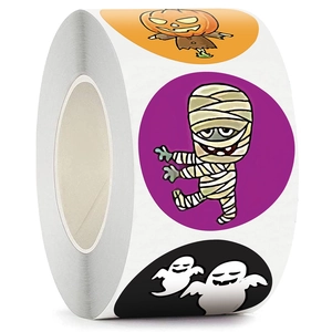 Roll of Halloween stickers featuring cartoon pumpkins, mummies and ghosts for decoration