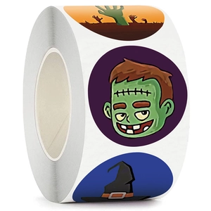 Roll of cartoon Halloween stickers featuring Frankenstein and witch hat motifs on white background