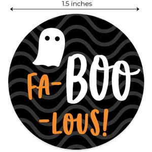 Round 1.5 inch Halloween ghost stickers with FA-BOO-LOUS text and wavy patterns