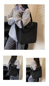 Multiple views of a large black matte tote bag showing front, side and back perspectives