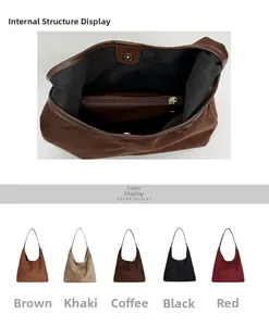 Détail du sac cabas en daim montrant la poche zippée et cinq options de couleurs