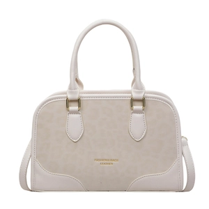 Cream white fashion handbag with animal print detail and gold hardware for women