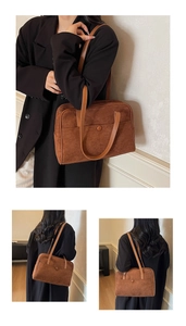 Three-view montage of a brown suede bowling shoulder bag showing front and side fit