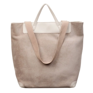 Japanese style beige corduroy tote bag with leather trim and wide shoulder strap