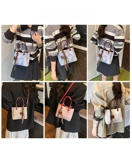 Collage of chic tote bags in various colors with bow charms and double top handles