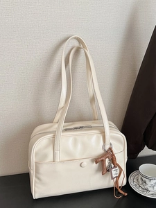 Retro cream large capacity faux leather tote bag with stylish fringe and letter charm