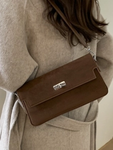 Minimalist Women Suede Shoulder Bag Vintage Silver Turn Lock Rectangular Underarm Crossbody Bag Elegant Commuting Satchel