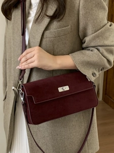 Elegant burgundy suede rectangle shoulder bag with silver turn-lock for women's work style