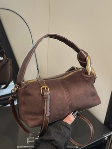 Women Suede Crossbody Bag Frosted Cylinder Pillow Handbag Gold Metal Ring Detail Adjustable Strap Work Daily Commute Retro