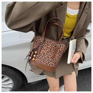 Detail of leopard print bucket bag with brown leather trim and tassel on white car background