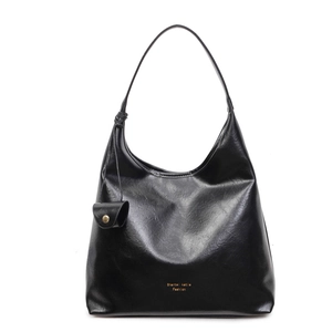 Minimalist black glossy leather bucket tote bag with gold logo for daily commute