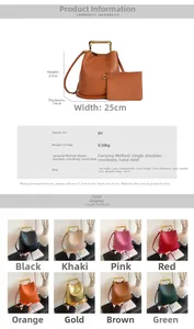 Size chart and color selection for high-capacity PU leather bucket handbag with metal handle