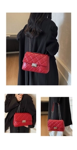 Red quilted crossbody bag with silver clasp and chain strap shown from multiple angles