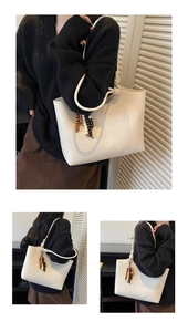 Detail of white lychee texture tote bag featuring a thick rope knot and colorful wood beads