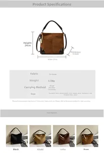 Detailed chart showing tote bag dimensions, 27cm width, and four suede color options