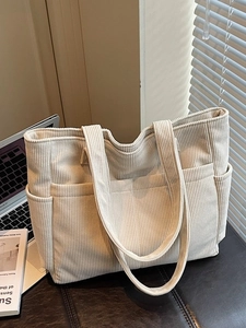 Sac Fourre-Tout en Velours Côtelé pour Femmes Grande Capacité Sac à Bandoulière Multi Poches Couleur Unie Vintage Décontracté pour École
