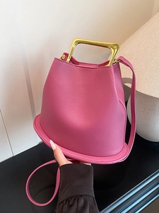 Fashion Women PU Leather Bucket Bag Minimalist Metal Handle Handbag Commute Shoulder Crossbody Bag Large Capacity Tote Bag