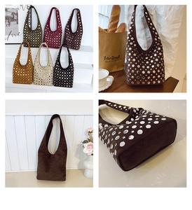 Detail view of rivet-studded suede hobo bags in green, red, brown, white and black