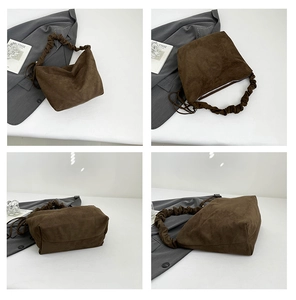 Detailed views of dark brown suede shoulder bag featuring a pleated handle and large capacity