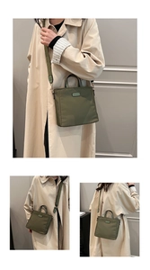 Three-view detail of olive green nylon bag with top handles and adjustable shoulder strap