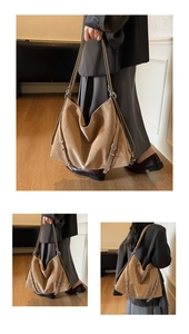 Close-up of brown suede hobo bag detailing side adjustable straps and metal buckles
