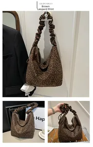 Detail of coffee leopard print shoulder bag with ruched strap and large capacity