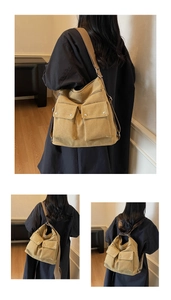 Detail of khaki canvas bag showing dual front flap pockets and durable stitched strap