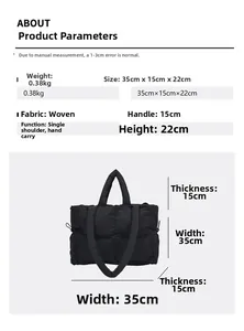 Size chart for quilted nylon tote bag with 35x15x22cm dimensions and weight details
