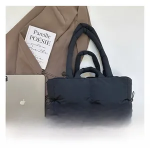 Close-up of black quilted nylon tote bag with drawstring detail and large capacity for iPad