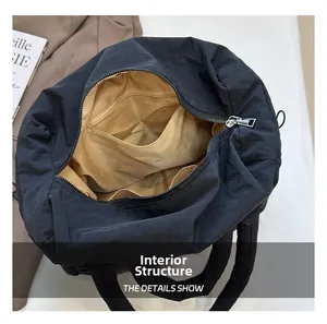 Interior view of nylon tote bag showing khaki lining with zipper and slot pockets