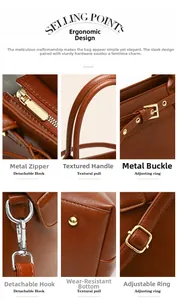 Detailed views of caramel tote bag featuring metal zipper, handle, and bottom studs