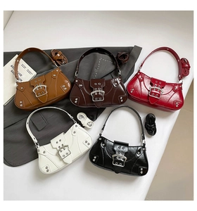 Five assorted Y2K style rivet shoulder bags featuring various colors and detachable straps