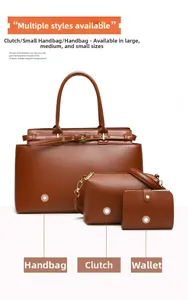Three-piece brown litchi pattern tote bag set with matching crossbody and wallet