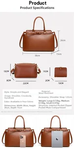 Detailed size specifications for minimalist three-piece tote bag set in brown leather