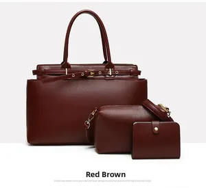 Three-piece red brown tote set with crossbody bag and wallet in pebbled PU leather