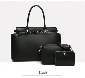 Detailed set of black tote bag, crossbody bag, and wallet with gold-tone metal hardware