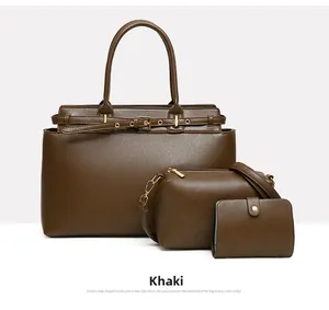 Detailed set of deep brown lychee grain PU leather tote bag with shoulder bag and wallet