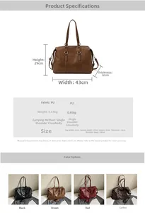 Detailed view of large vintage tote bag dimensions and four color options in PU leather