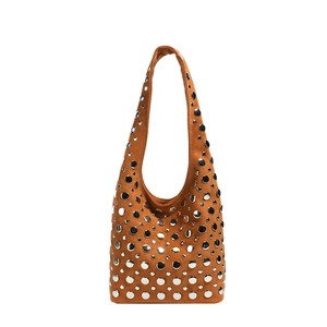 Brown suede hobo bag with silver metallic studs and punk rock rivet detailing