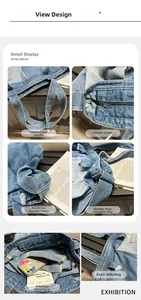 Detail of stitched denim bag showing reinforced handles, smooth zippers, and neat stitching