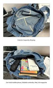 Internal view of blue denim tote bag showing spacious main compartment and zipper pocket