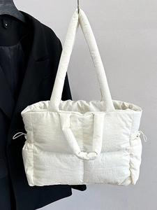Fashion Quilted Large Capacity Tote Bag For Women Nylon Fabric Drawstring Shoulder Bag Casual Handbag Travel Commuter Bag