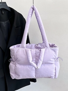Quilted nylon shoulder bag in lavender purple with padded down texture and top handle