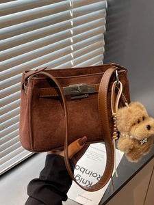 Women Suede Texture PU Leather Shoulder Bag Retro Niche Design Metal Lock Underarm Bag With Plush Dog Pendant For Daily Commuting