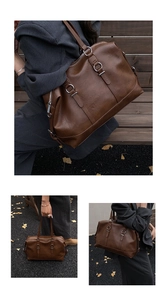 Detailed views of vintage brown leather tote bag showing texture and autumn lifestyle