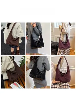 Collage of model wearing vintage tote bags with bow details in brown, black, and purple
