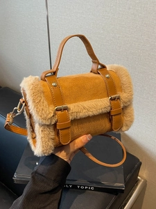 Women Faux Fur Plush Patchwork PU Leather Shoulder Bag Autumn Winter Small Square Handbag Fashion Crossbody Bag Gold Buckle