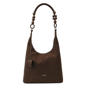 Vintage brown frosted suede tote bag with decorative wooden beads for commuting