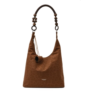 Brown leopard print suede tote bag with retro wooden beaded handle and minimalist brand logo